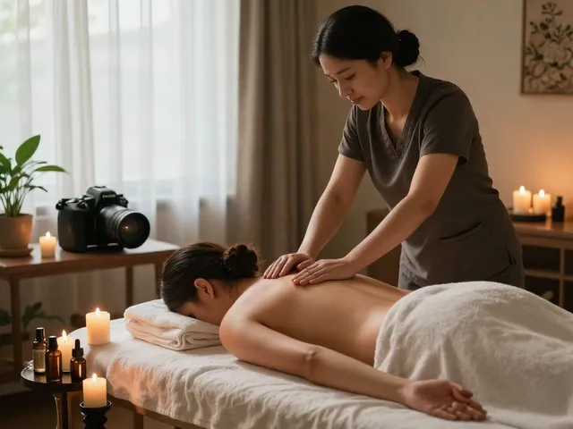 마포출장마사지 in a serene home environment with a therapist soothing a client's muscles.