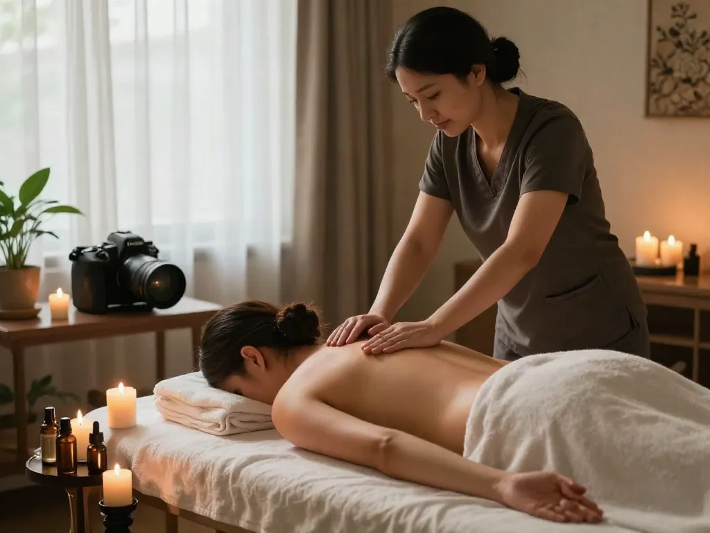 마포출장마사지 in a serene home environment with a therapist soothing a client's muscles.