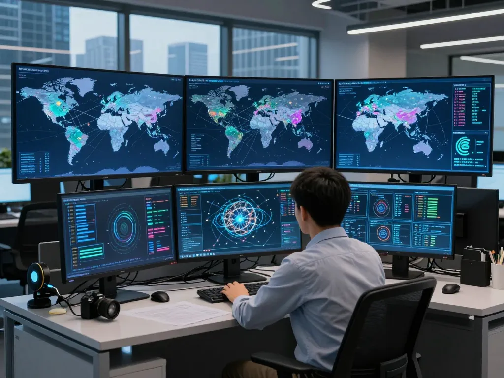 快连's network operations center showcasing advanced AI technology and global connectivity.