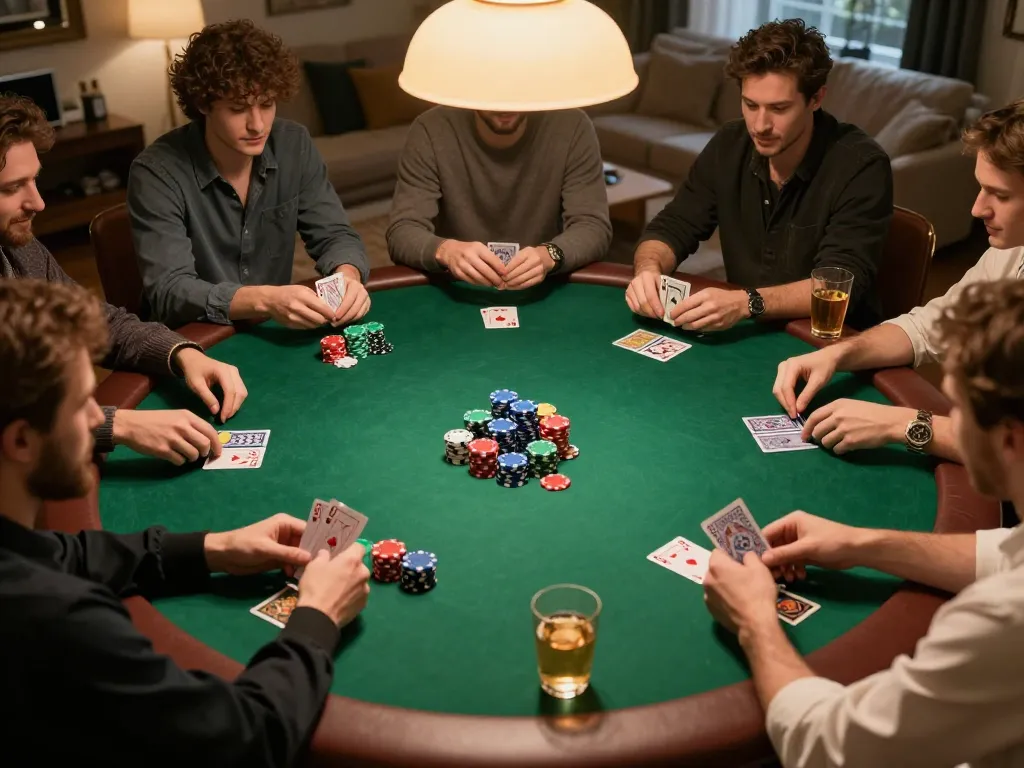 Kicking off a private poker night as players analyze keluaran hk cards, chips stacked, and drinks ready.