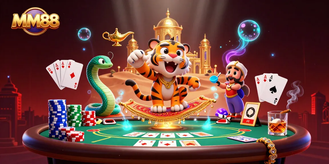 Engage in rich MM88 casino adventures with a 3D Arabian-themed illustration featuring characters and gaming elements.