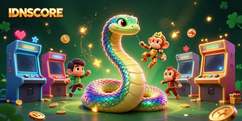 Experience the thrill of IDNSCORE with vibrant casino-themed characters and arcade elements.