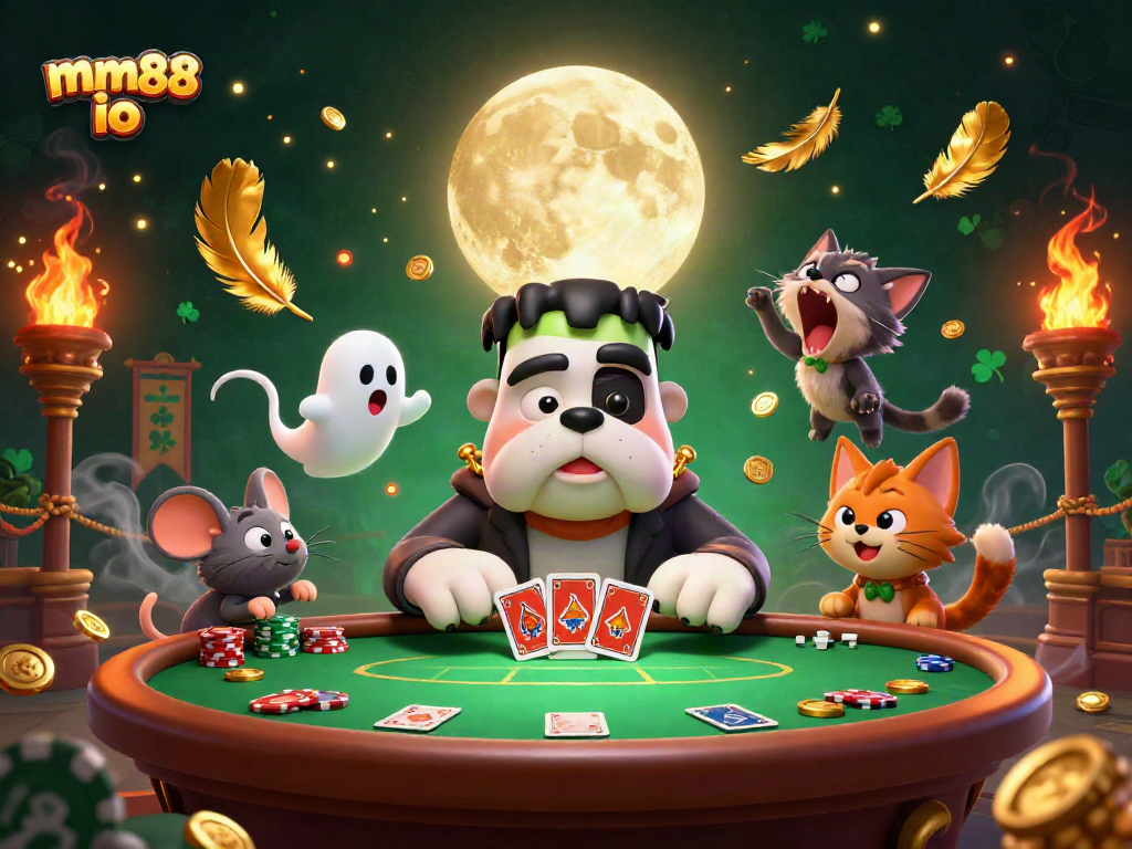 Engage with mm88 io as a bulldog dealer and friends share thrilling poker fun with a spooky twist.