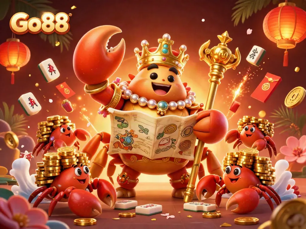 Engage with Go88 through a vibrant 3D illustration featuring a golden crab emperor amidst an animated casino scene.