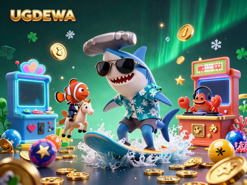Experience the exhilarating world of UGDEWA with vibrant characters surfing on gold coins amidst lottery excitement.
