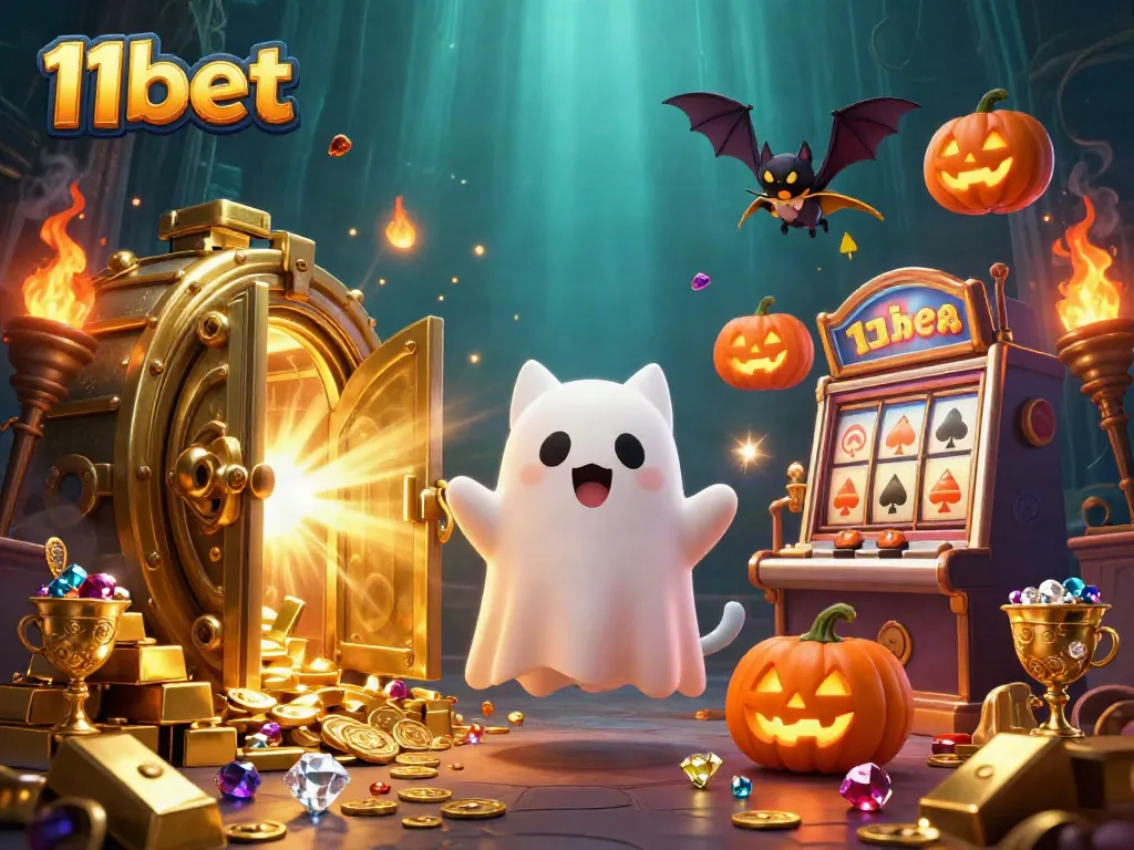 11bet showcases a playful ghost cat in a vibrant casino, highlighting thrilling gaming experiences.