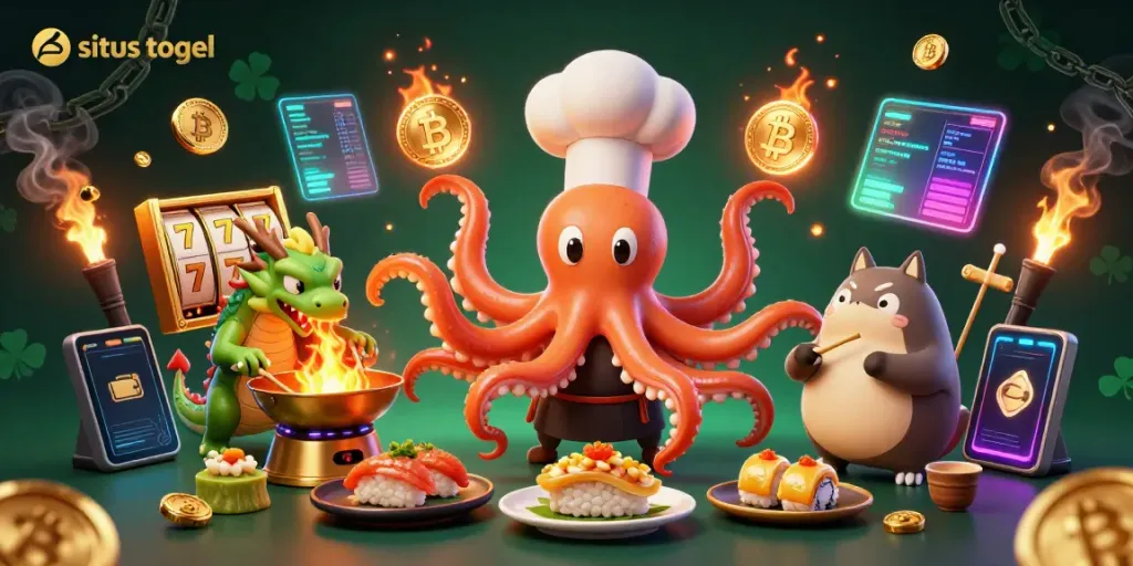 Engaging illustration of situs togel showing a sushi chef octopus and more in a vibrant casino setting.