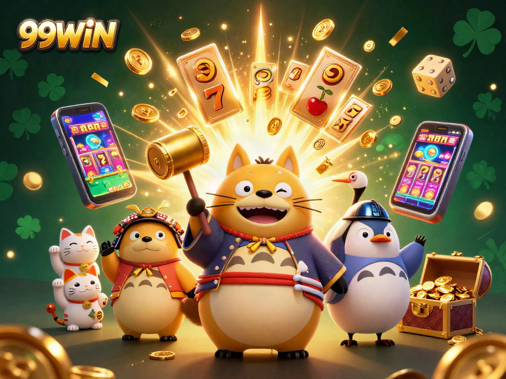 Experience winning moments with 99WIN as a cheerful tanuki and lucky symbols fill the vibrant casino scene.