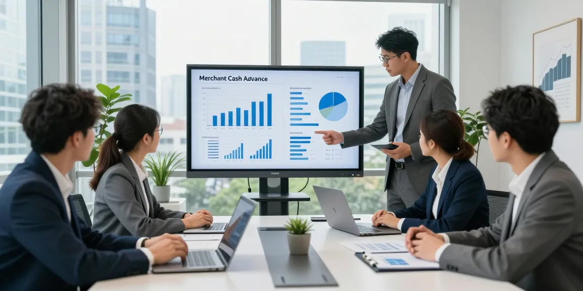 Explore the cheapest merchant cash advance in UK with professionals analyzing financial strategies in a dynamic office