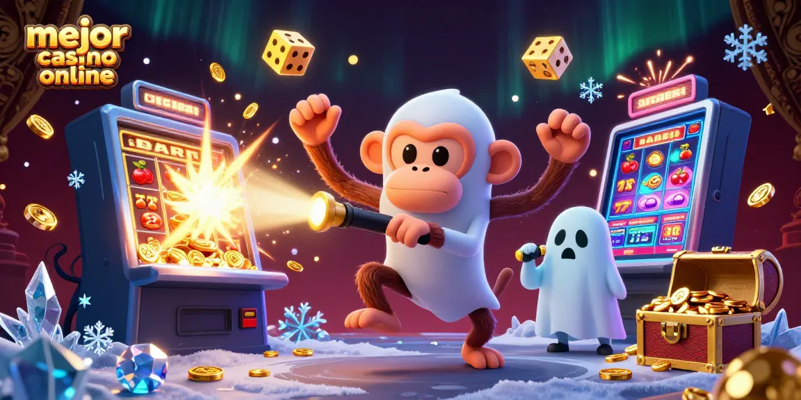 Disfruta de la experiencia de juego en el mejor casino online con un mono juguetón entre monedas y luces.