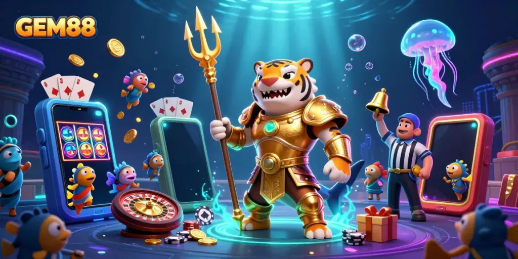 Experience GEM88's thrilling underwater casino adventure with a tiger shark in gladiator armor, dynamic slot theme, and vibrant game elements.