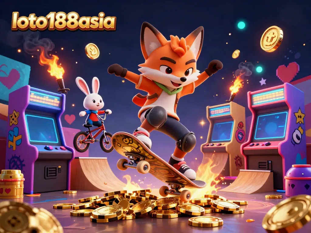Engage with loto188asia through a vibrant 3D casino scene showcasing dynamic characters and gaming elements.