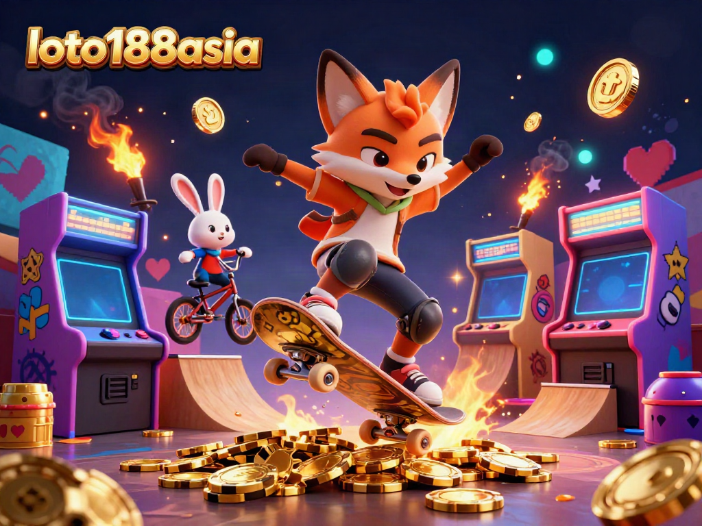 Engage with loto188asia through a vibrant 3D casino scene showcasing dynamic characters and gaming elements.