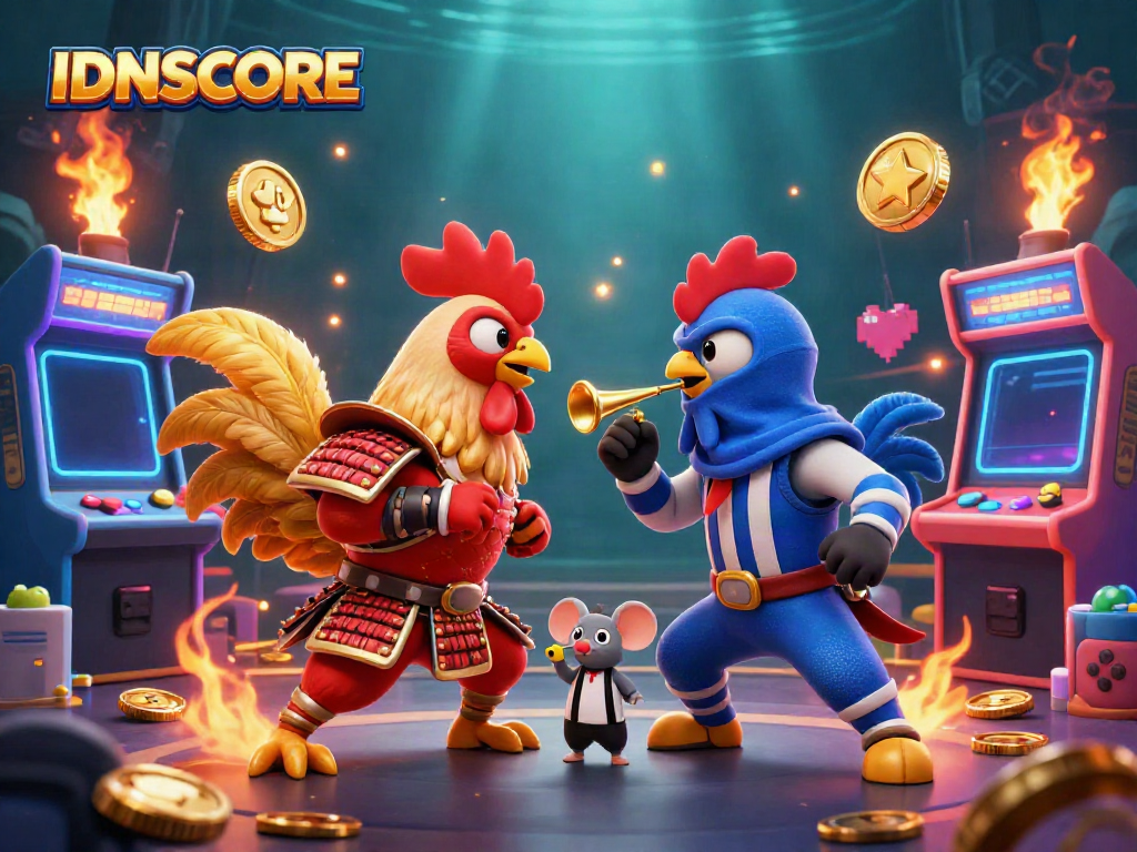 Engage with IDNSCORE as roosters battle in a colorful 3D casino game landscape.