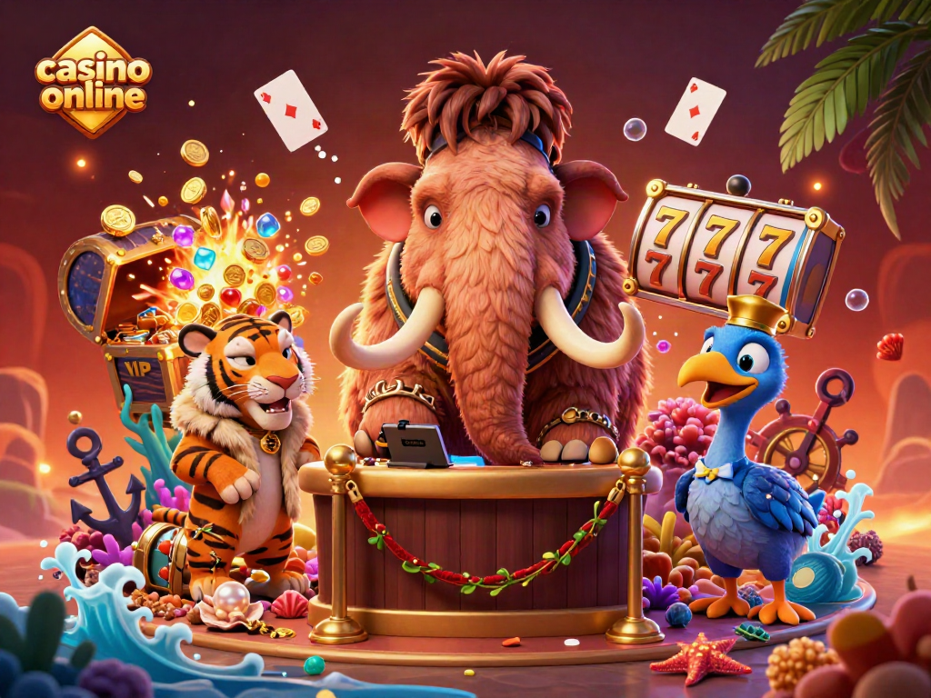 Juega en un casino online con un bouncer mamut y un invitado VIP en un entorno vibrante.