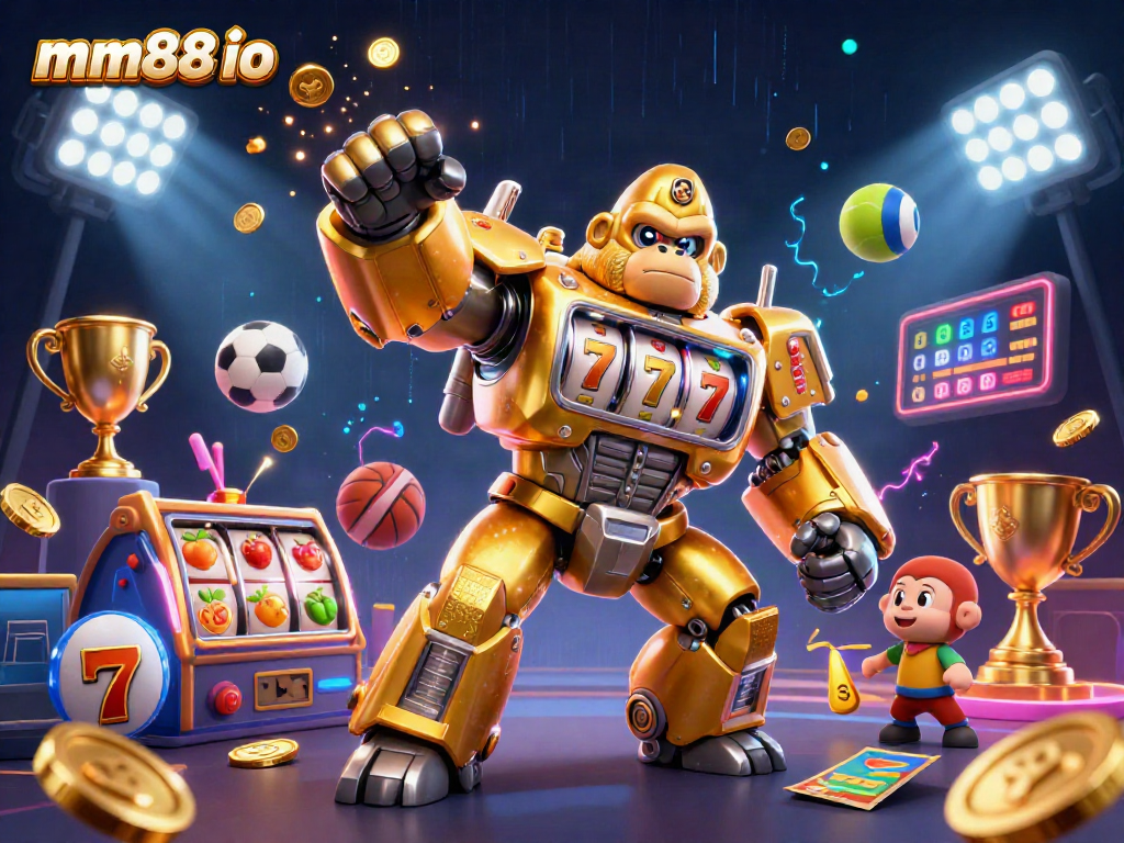 Engage with immersive gaming action at mm88 io featuring a dynamic golden gorilla mech for exciting slots.