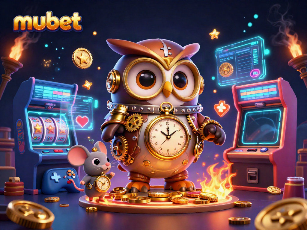Engage with mubet through an enchanting illustration of a steampunk owl, casino elements, and vibrant gaming motifs.