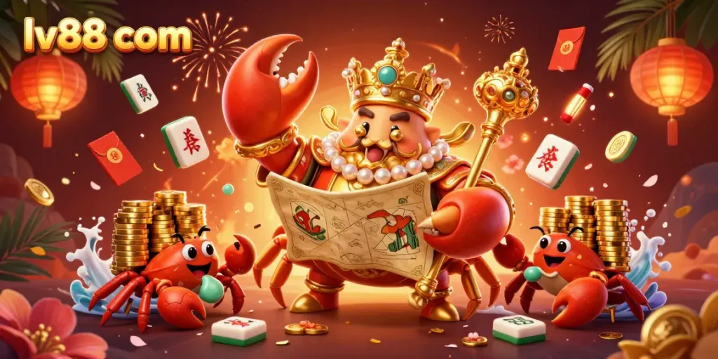 Join the excitement at lv88 com with a vibrant scene featuring a golden crab emperor and treasure elements