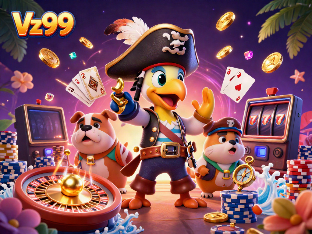 Experience thrilling gameplay at Vz99 with a vibrant casino scene filled with pirates and riches.