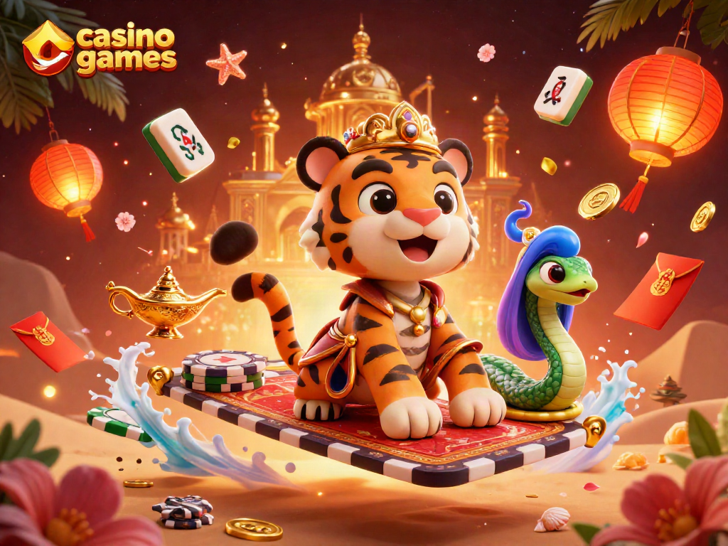 Immerse yourself in casino games usa with a vibrant 3D illustration showcasing a tiger sultan, genie snake, and golden palace.