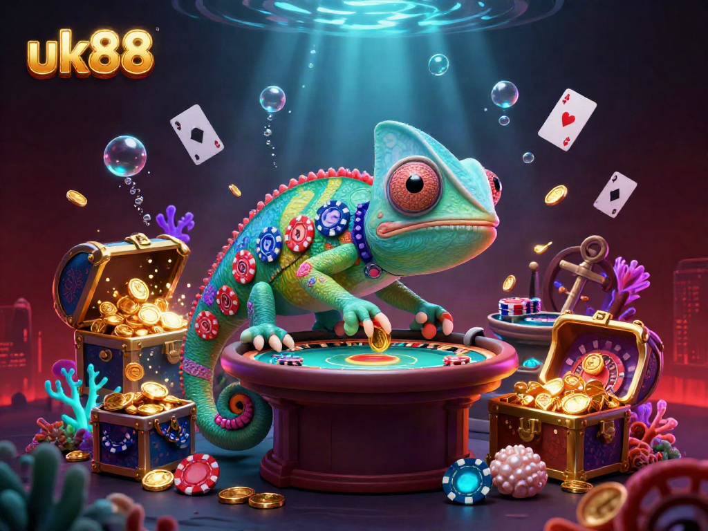 Experience the thrills of uk88 with a vibrant 3D chameleon casino boss capturing golden coins.