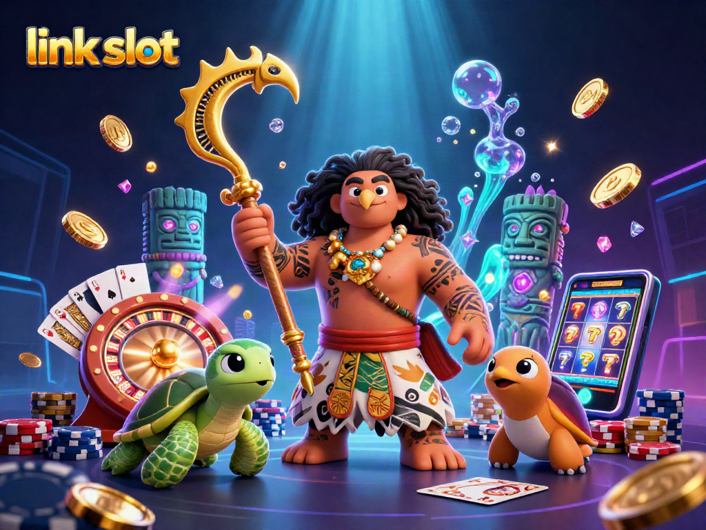 Engage with the link slot experience featuring vibrant characters and dynamic game elements in a lively casino setting.