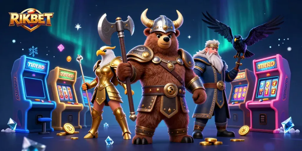 Experience the thrill of RIKBET with a dynamic scene featuring a Viking bear and Valkyrie in a vibrant casino