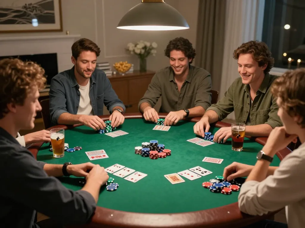 Friends enjoying a poker night at home, featuring GG88 KJC atmosphere of excitement and strategy.