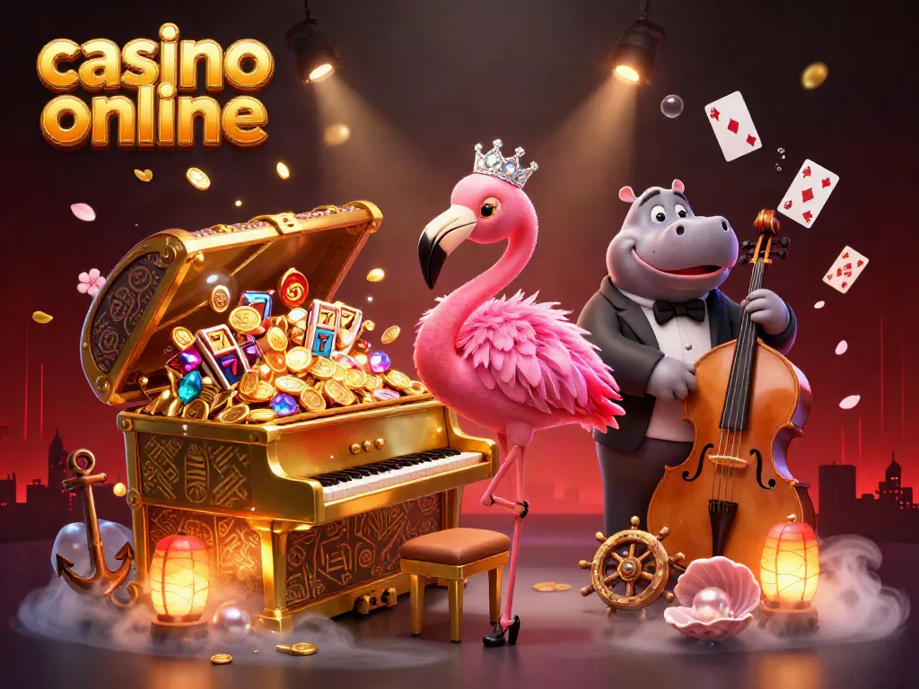 Immagine di un vivace casinò online con un cantante flamingo e un bassista ippopotamo, circondati da monete d'oro e slot, esaltanti elementi di gioco.