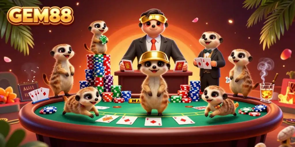 Experience the vibrant gaming action at GEM88 with a lively meerkat casino scene featuring card dealers and golden pit boss.