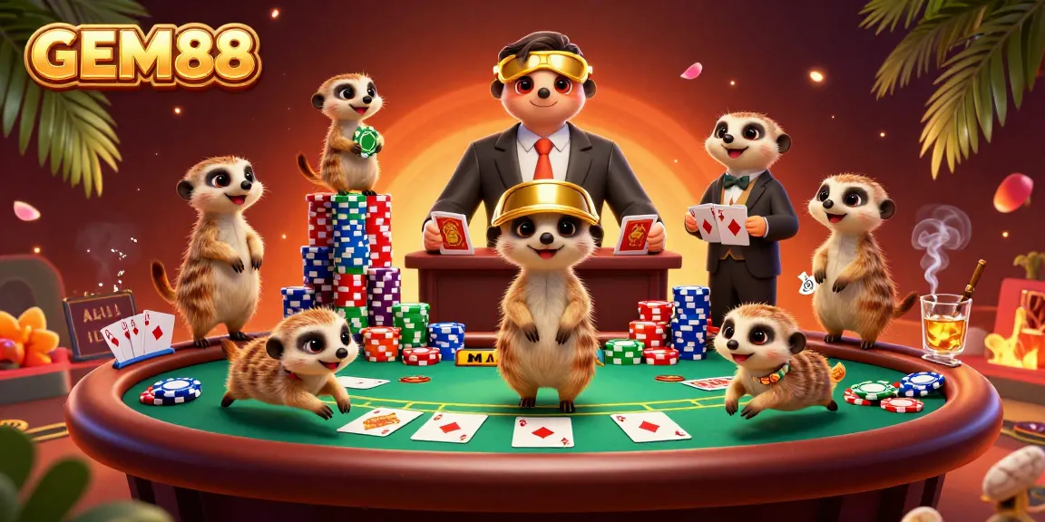 Experience the vibrant gaming action at GEM88 with a lively meerkat casino scene featuring card dealers and golden pit boss.