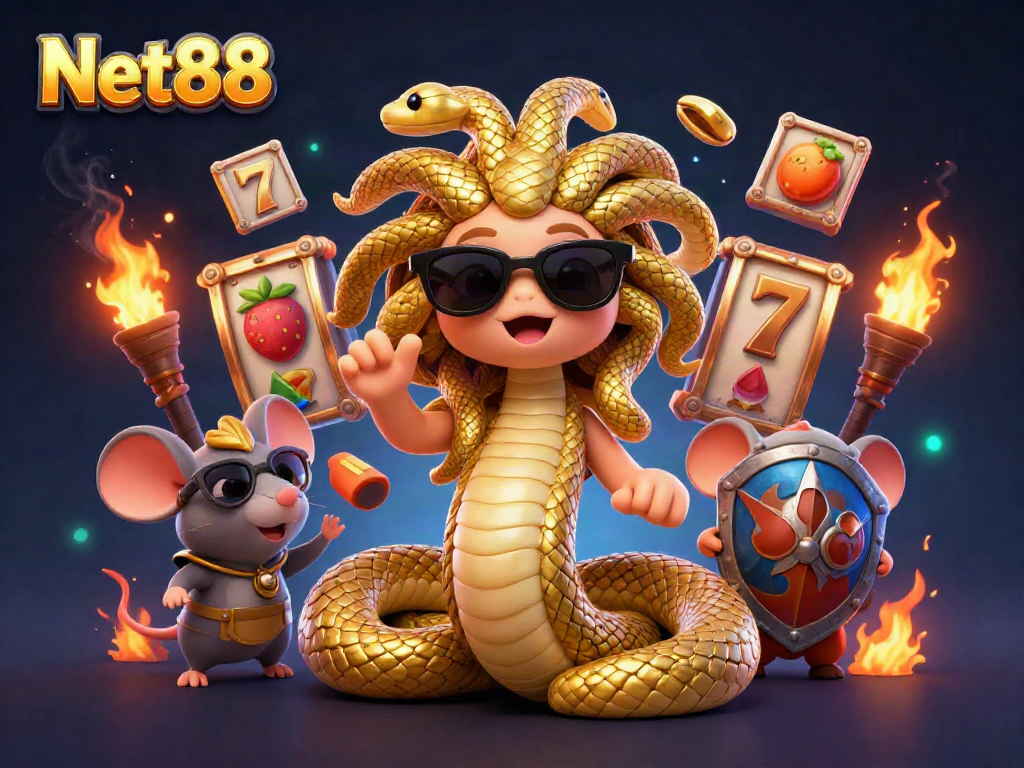 Engage with the excitement of Net88's casino experience featuring Medusa and a warrior mouse in a vibrant gaming landscape.