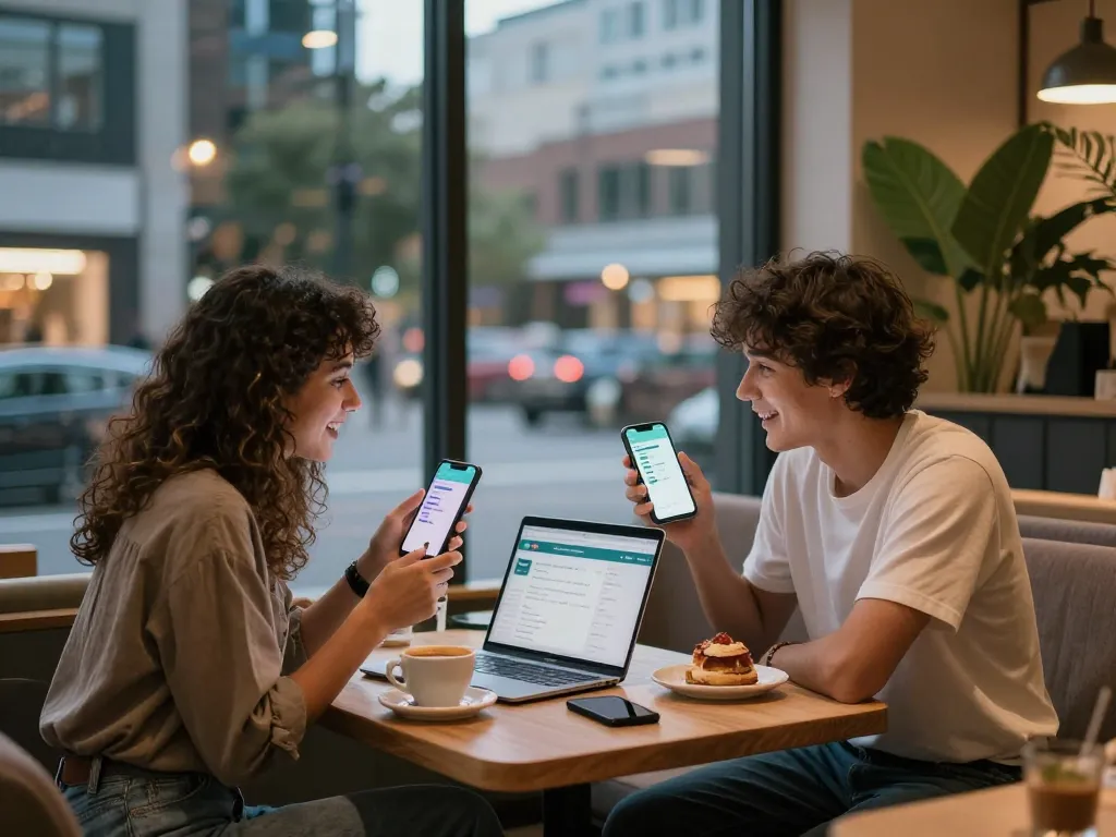 Couple exploring ai sex chat app in a cozy café setting with smartphones and coffee