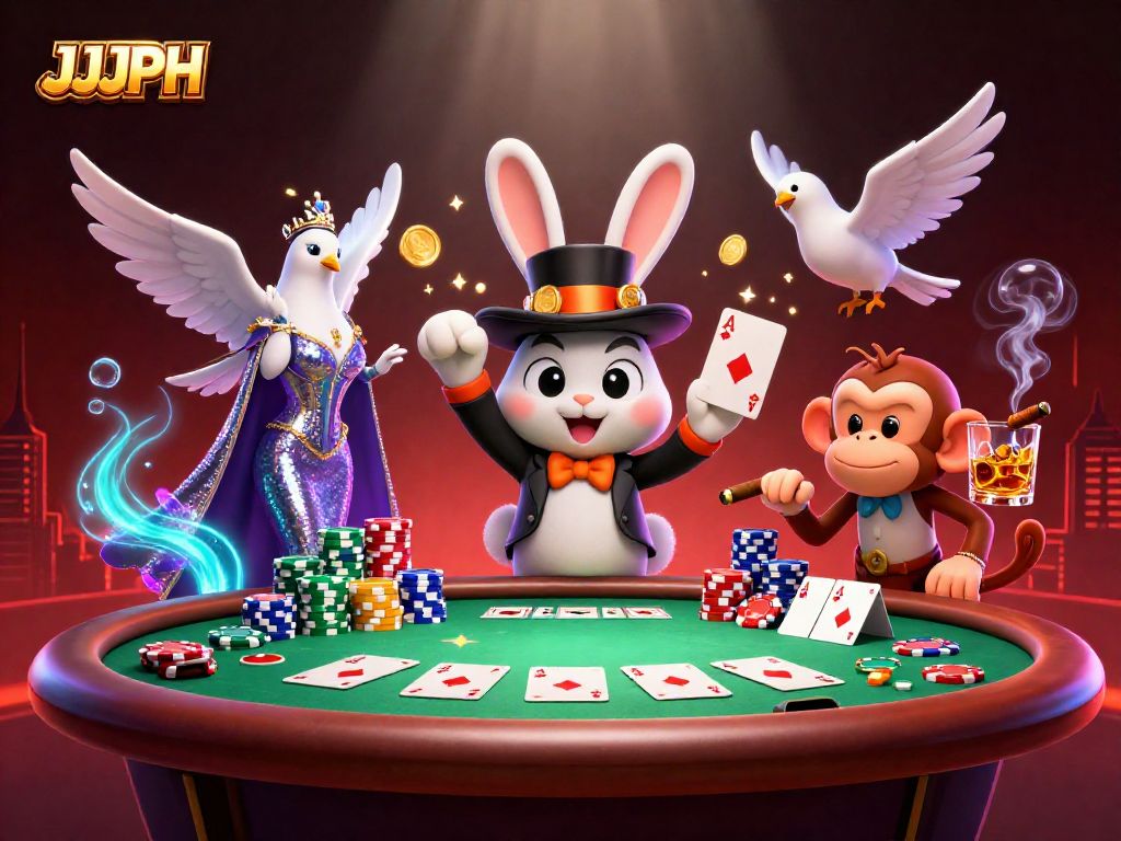 Engage with JJJPH's thrilling magic and poker action in a vibrant 3D casino scene.