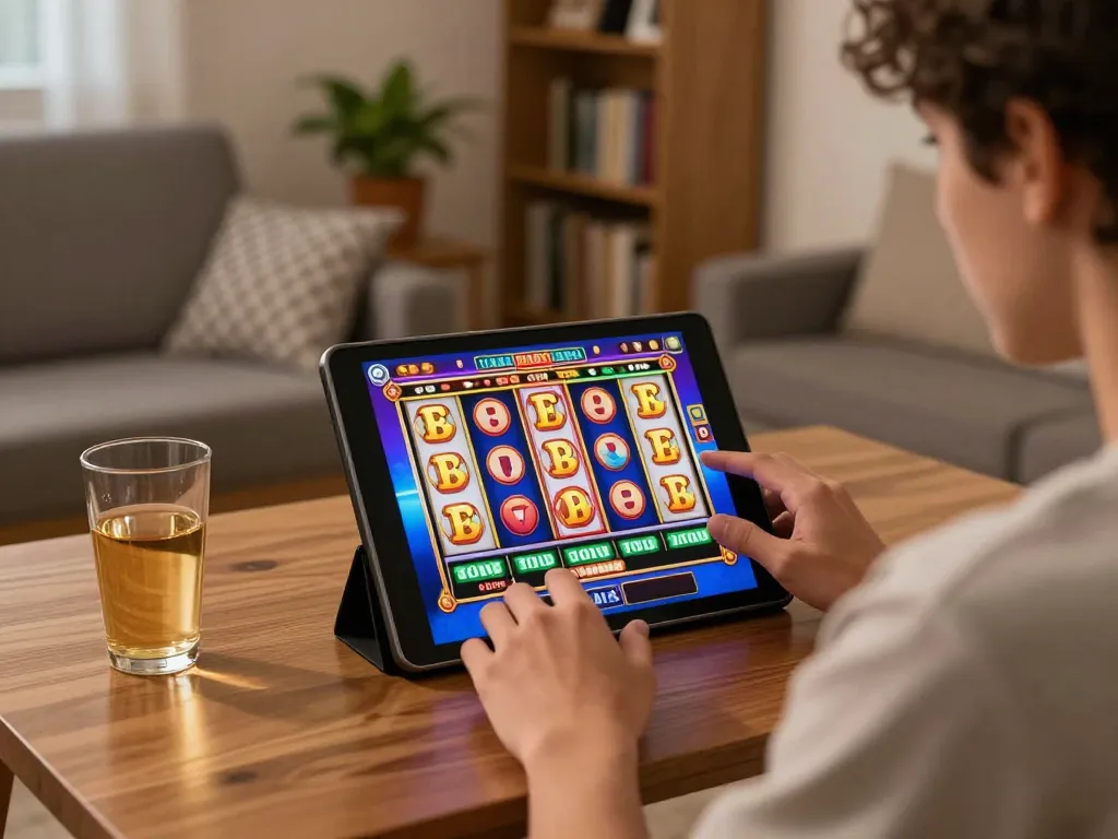 Engaging user enjoying slot luar negeri gameplay on a tablet in cozy home setting.