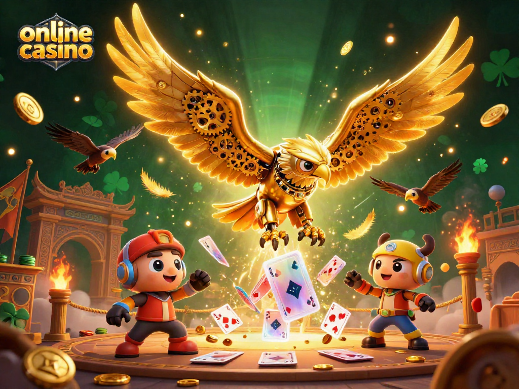 Disfruta de un emocionante casino online con un águila cibernética dorada y cartas holográficas volando.