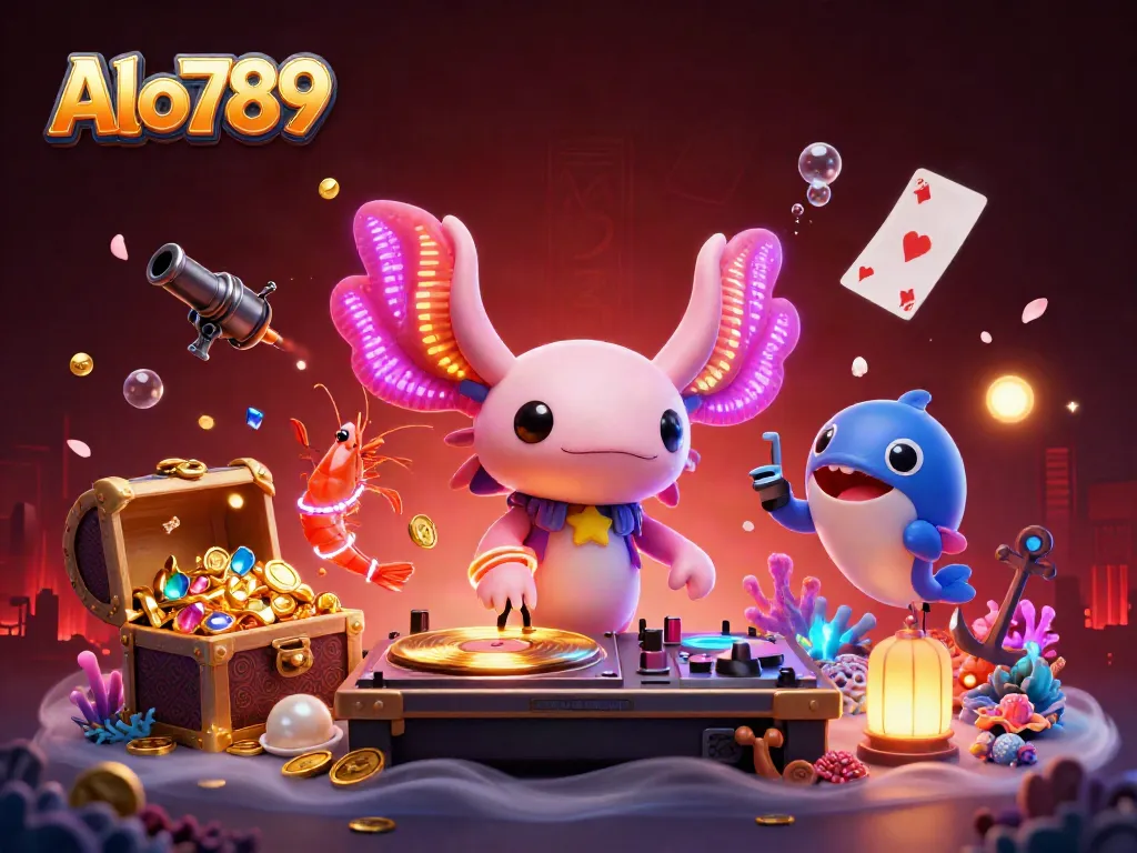 Alo789 brings excitement to casino gaming with a vibrant underwater DJ scene featuring dancing characters and treasure.