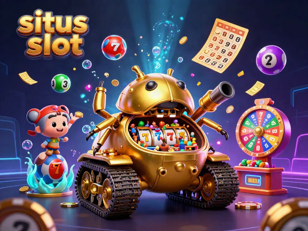 Experience situs slot excitement with a lively 3D scene full of jackpots, casino fun, and vibrant lottery elements.