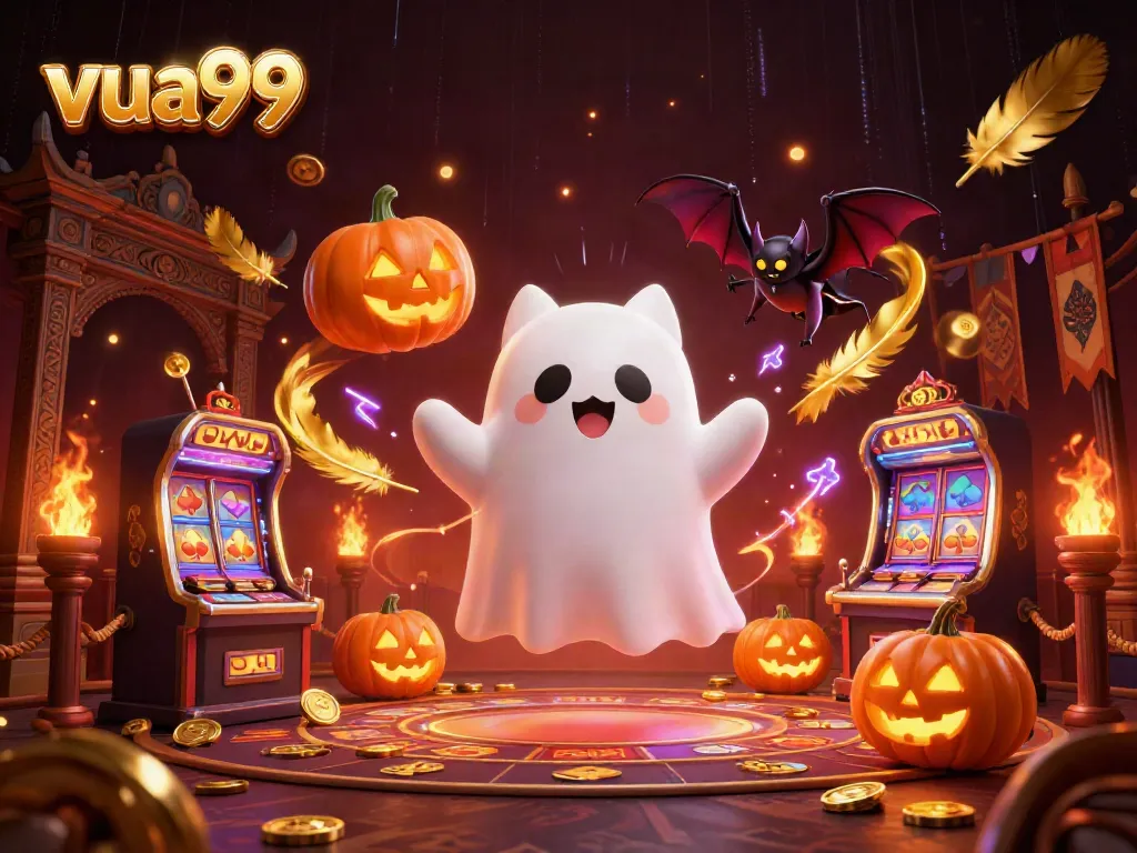 Engage in thrilling gameplay with VUA99's casino scene featuring ghostly characters and vibrant decorations.