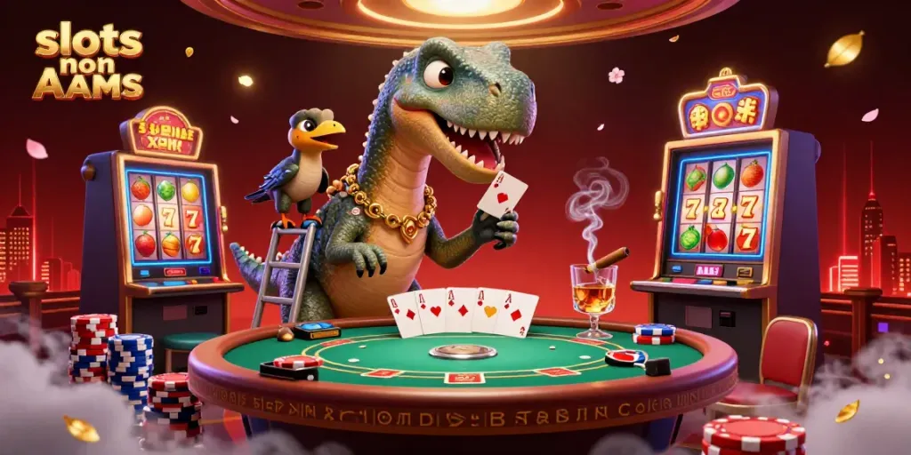 Giocando a slots non AAMS, un brontosauro e un raptor animano un tavolo da poker in un casinò vivace.