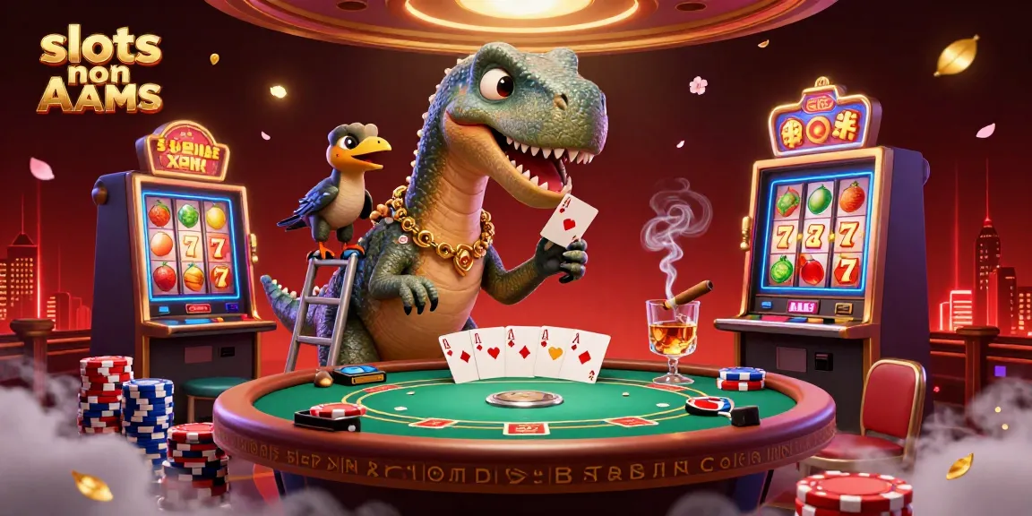 Giocando a slots non AAMS, un brontosauro e un raptor animano un tavolo da poker in un casinò vivace.