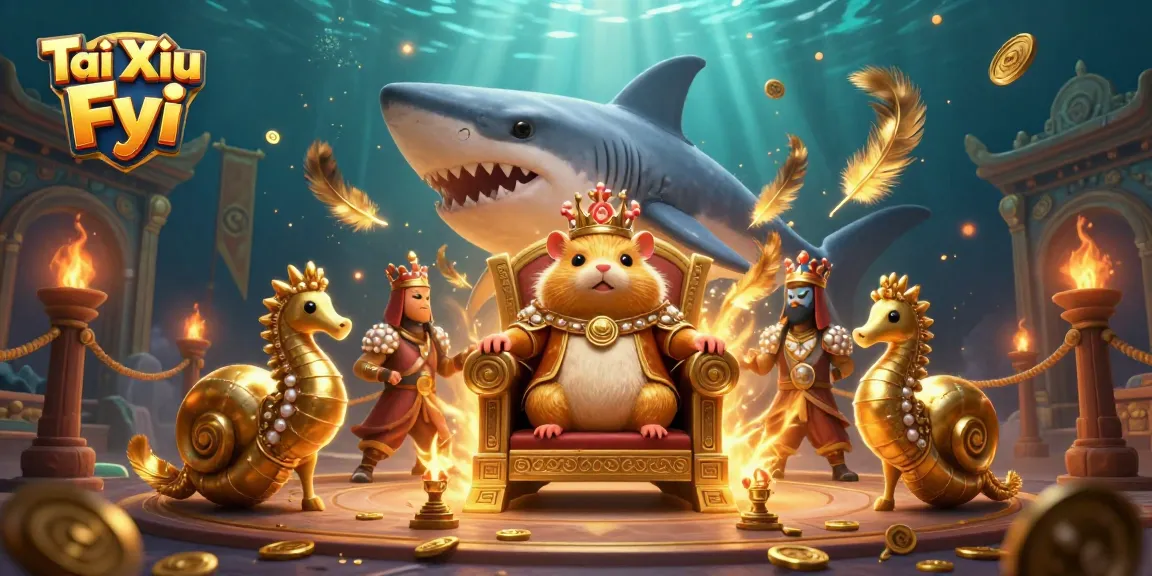 Tài Xỉu Fyi showcases a fierce golden hamster king presiding over a dynamic underwater gambling arena.