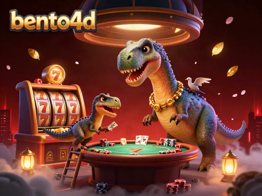 Bento4d illustrates an exciting casino scene with a dinosaur dealer and vibrant slot machines.