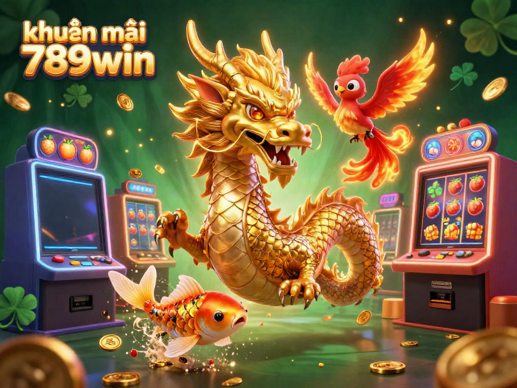 Engage with khuyến mãi 789win through a dynamic casino scene featuring a golden dragon, red phoenix, and koi fish amidst sparkling slot machines.