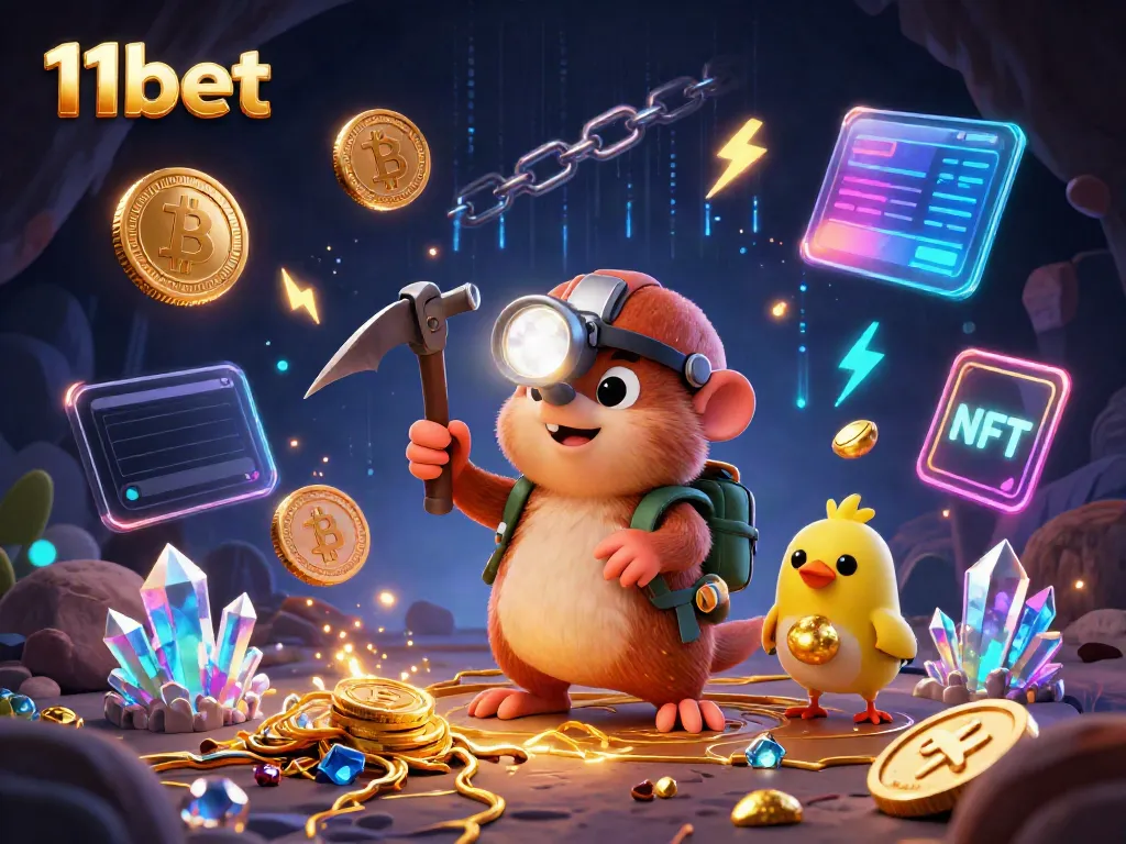 Mine treasure with 11bet! A mole and canary gather crypto coins in a vibrant casino cave.