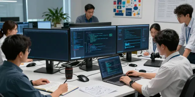 Collaboration in enterprise AI development with diverse team working on algorithms and models in a modern lab.