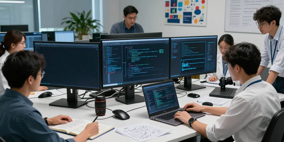 Collaboration in enterprise AI development with diverse team working on algorithms and models in a modern lab.