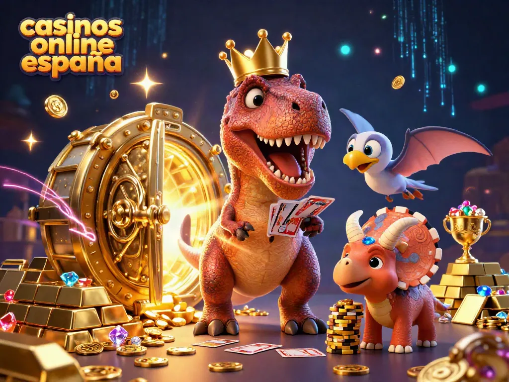 Los mejores casinos online España con una escena animada de un T-Rex jugando cartas rodeado de riquezas y energía.
