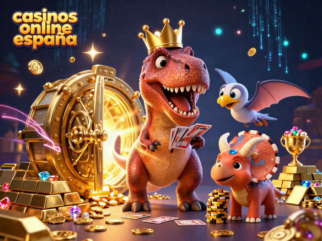 Los mejores casinos online España con una escena animada de un T-Rex jugando cartas rodeado de riquezas y energía.