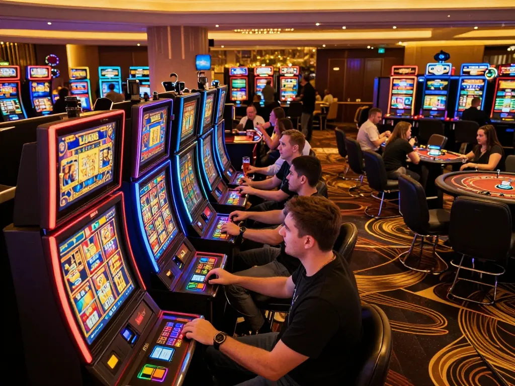 Hành động tại Sòng Bạc LUCK8 với người chơi tham gia vào các máy slot đầy màu sắc trong bầu không khí sang trọng